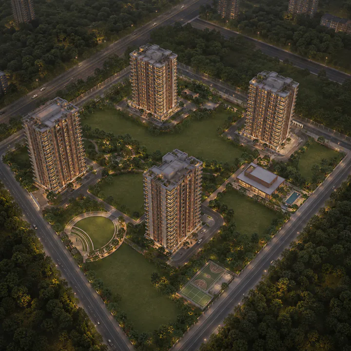 Nambiar Kannamangala aerial view - four Ground+20 blocks on twelve acres around the central green spine