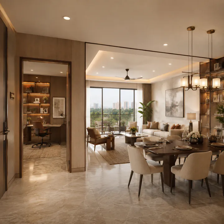 Nambiar Kannamangala apartment interior - living and dining volume with the balcony beyond