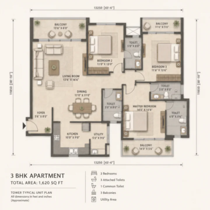 Nambiar Kannamangala 3 BHK apartment floor plan, 1,540–1,760 sq ft